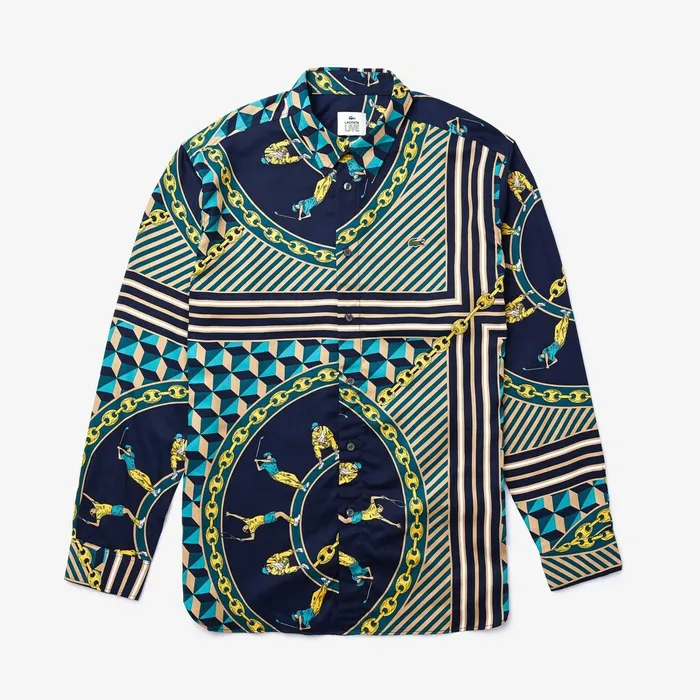 LIVE Relaxed Fit ScarfPrint Shirt Navy BlueWhite Mens Lacoste Button Down Shirts Outlet Factory