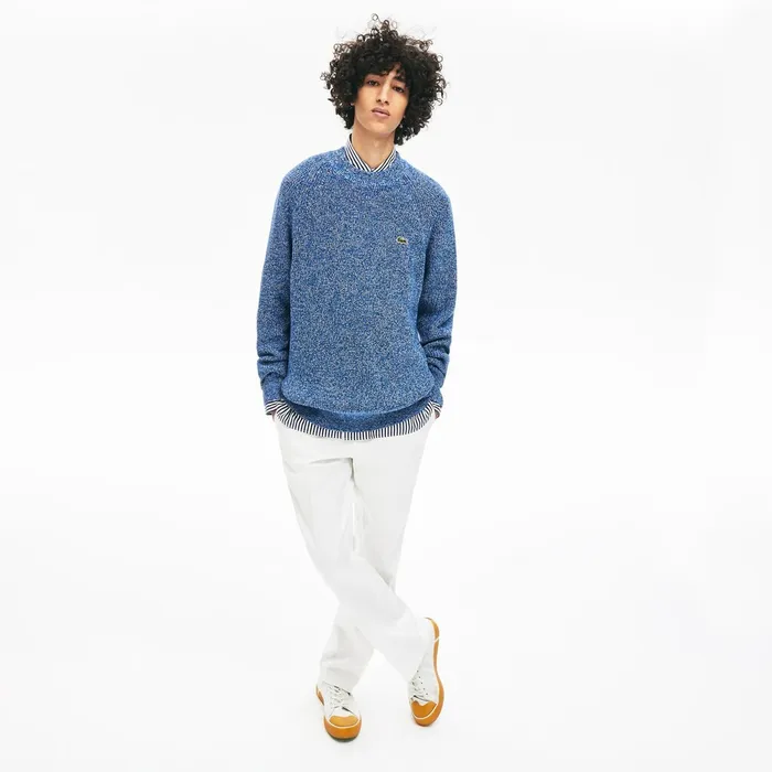 LIVE Ribbed Heathered Cotton Crewneck Sweater Navy BlueWhite Mens Lacoste Sweaters Gift Ideas