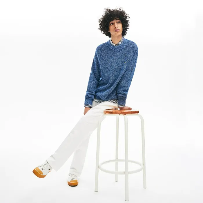 LIVE Ribbed Heathered Cotton Crewneck Sweater Navy BlueWhite Mens Lacoste Sweaters Gift Ideas