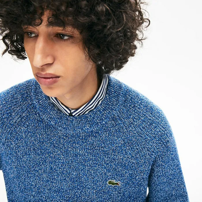 LIVE Ribbed Heathered Cotton Crewneck Sweater Navy BlueWhite Mens Lacoste Sweaters Gift Ideas