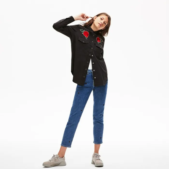 LIVE RoseEmbroidered Cotton Shirt Dark Grey Womens Lacoste Shirts and Tops Shop Online