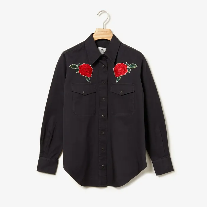 LIVE RoseEmbroidered Cotton Shirt Dark Grey Womens Lacoste Shirts and Tops Shop Online