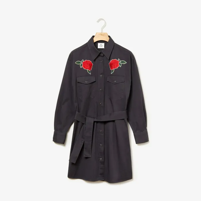 LIVE RoseEmbroidered Cotton Shirtdress Dark Grey Womens Lacoste Dresses and Skirts Online