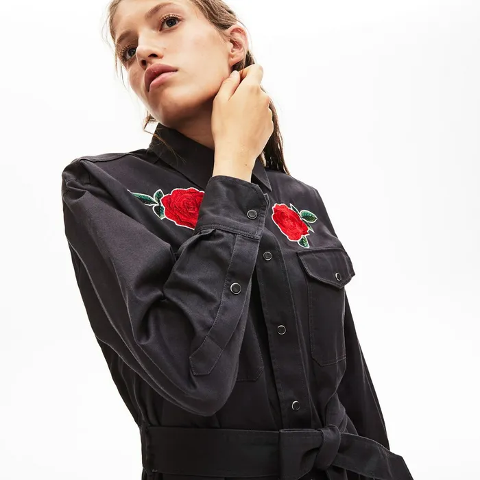 LIVE RoseEmbroidered Cotton Shirtdress Dark Grey Womens Lacoste Dresses and Skirts Online