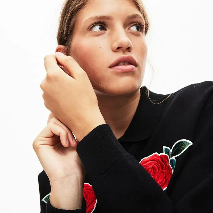 LIVE RoseEmbroidered Cropped Sweater Black Womens Lacoste Sweaters and Sweatshirts Popular