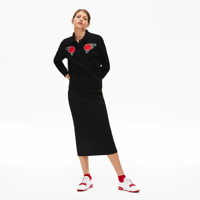 LIVE RoseEmbroidered Cropped Sweater Black Womens Lacoste Sweaters and Sweatshirts Popular