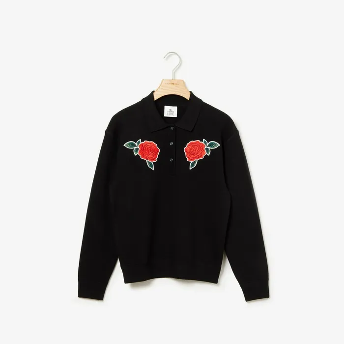 LIVE RoseEmbroidered Cropped Sweater Black Womens Lacoste Sweaters and Sweatshirts Popular