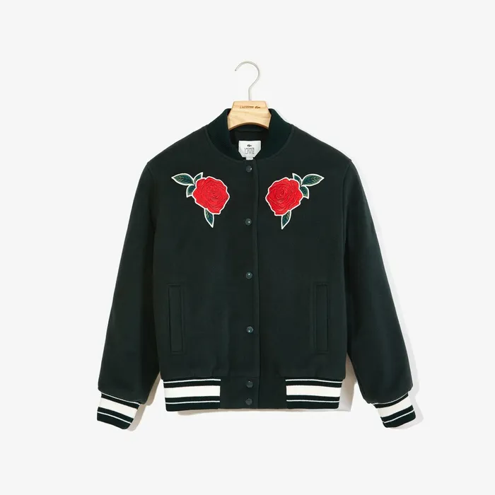 LIVE RoseEmbroidered Varsity Jacket Green Womens Lacoste Jackets and Coats For Sale LIVE RoseEmbroidered Varsity Jacket Green Womens Lacoste Jackets and Coats For Sale