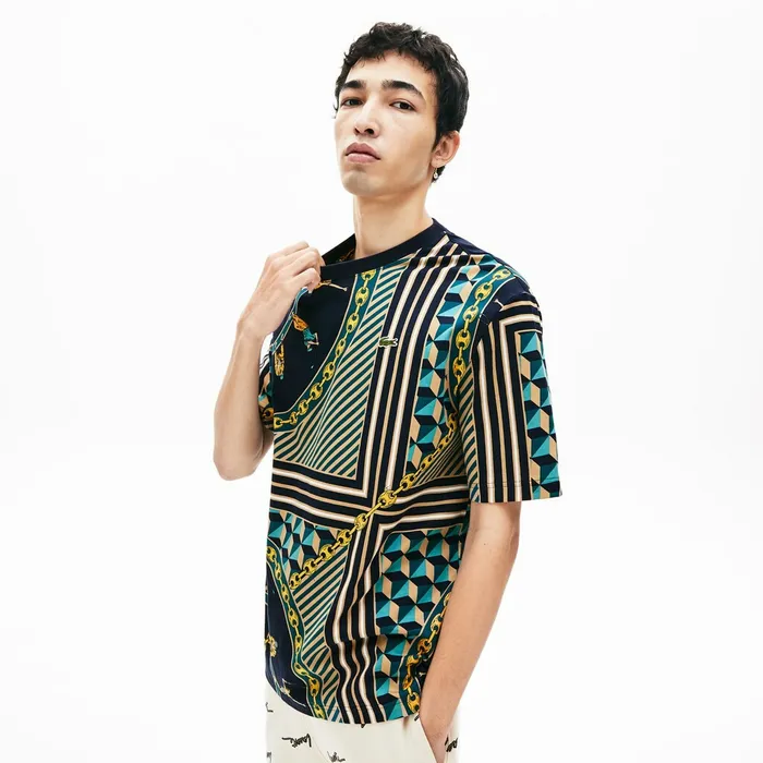 LIVE ScarfPrint Cotton TShirt Navy BlueWhite Mens Lacoste TShirts Online Outlet Store