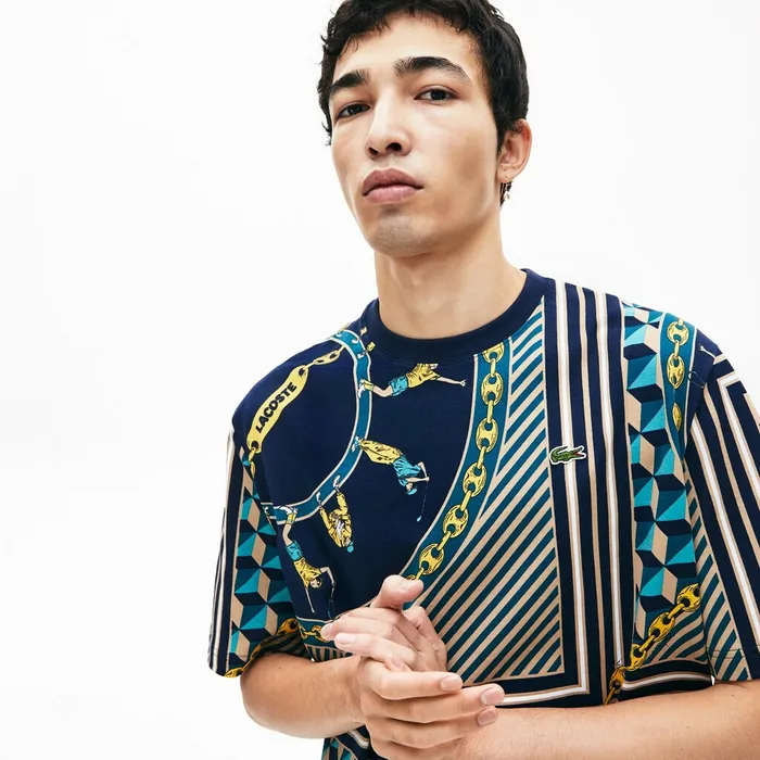 LIVE ScarfPrint Cotton TShirt Navy BlueWhite Mens Lacoste TShirts Online Outlet Store
