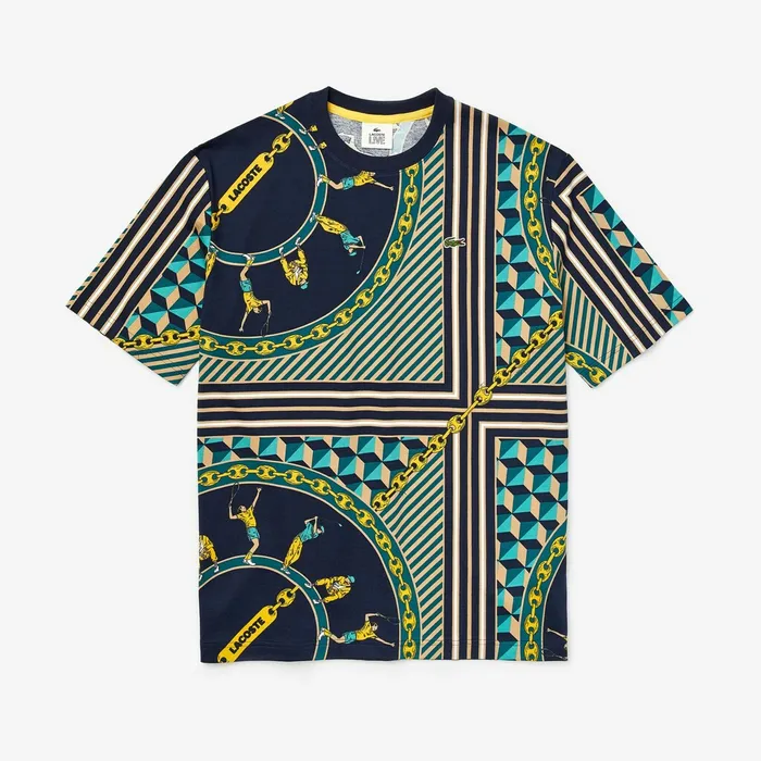 LIVE ScarfPrint Cotton TShirt Navy BlueWhite Mens Lacoste TShirts Online Outlet Store