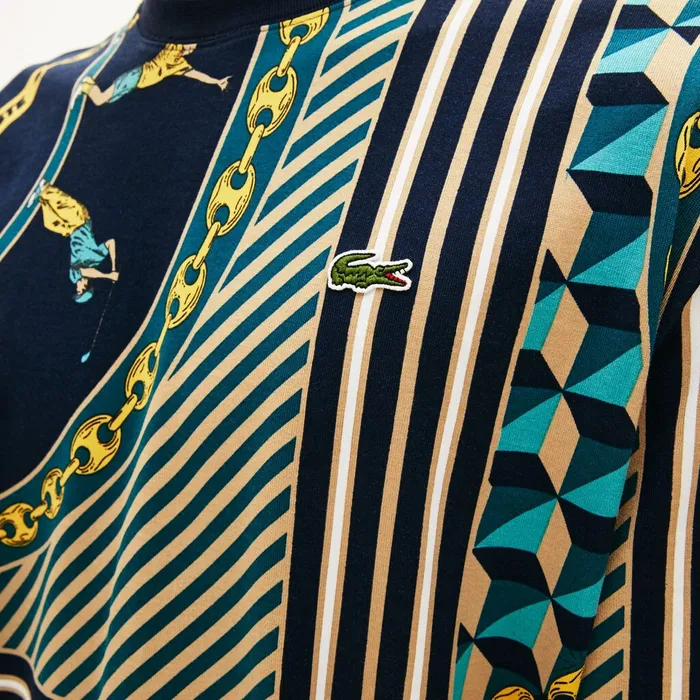 LIVE ScarfPrint Cotton TShirt Navy BlueWhite Mens Lacoste TShirts Online Outlet Store