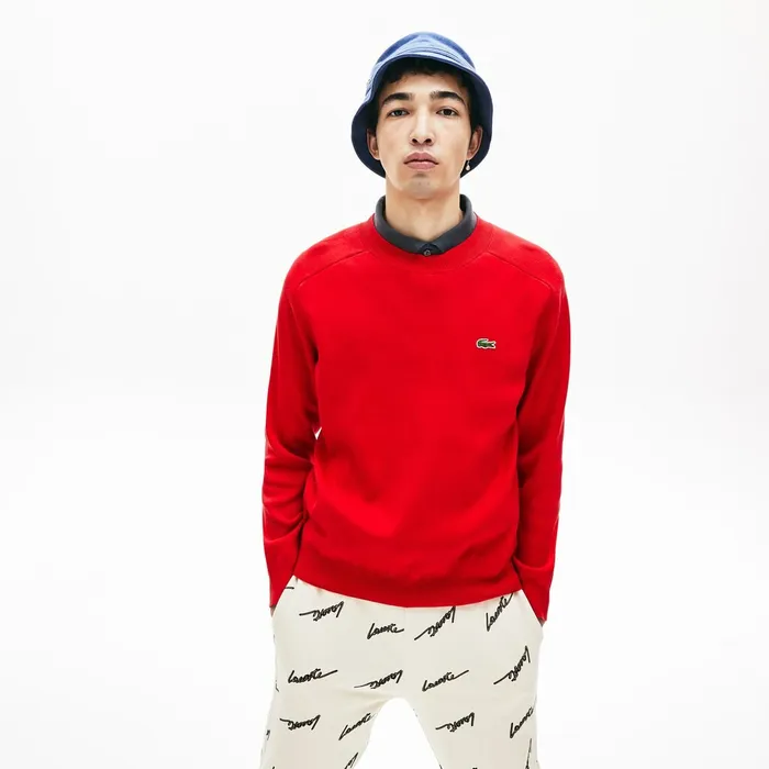 LIVE Signature Cotton Crewneck Sweater RedWhite Mens Lacoste Sweaters Gift 4 You