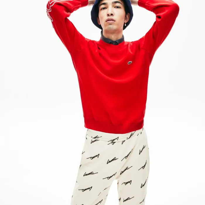 LIVE Signature Cotton Crewneck Sweater RedWhite Mens Lacoste Sweaters Gift 4 You
