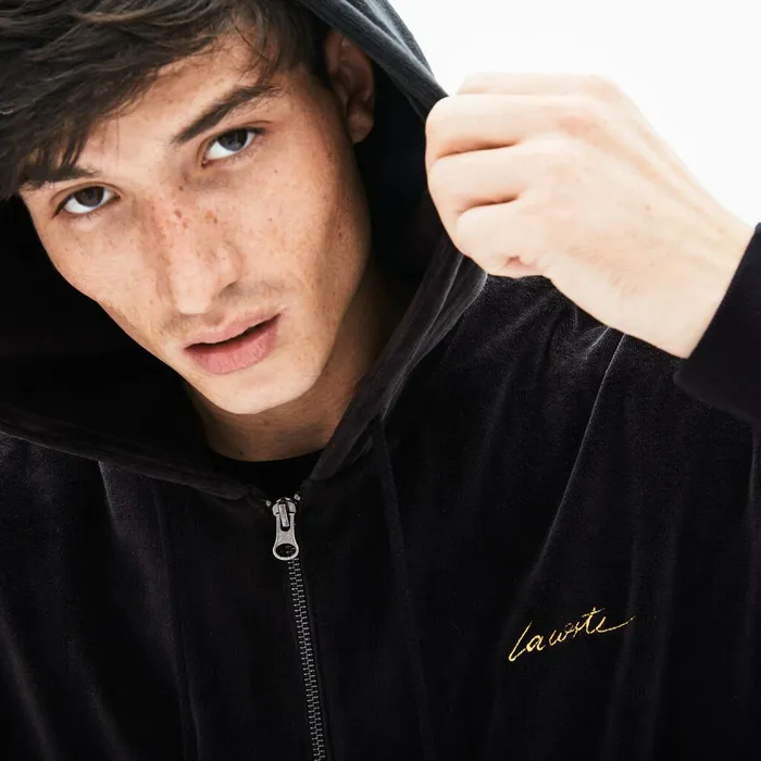 LIVE Signature Hooded Velvet Zip Sweatshirt Black Mens Lacoste Sweatshirts USA