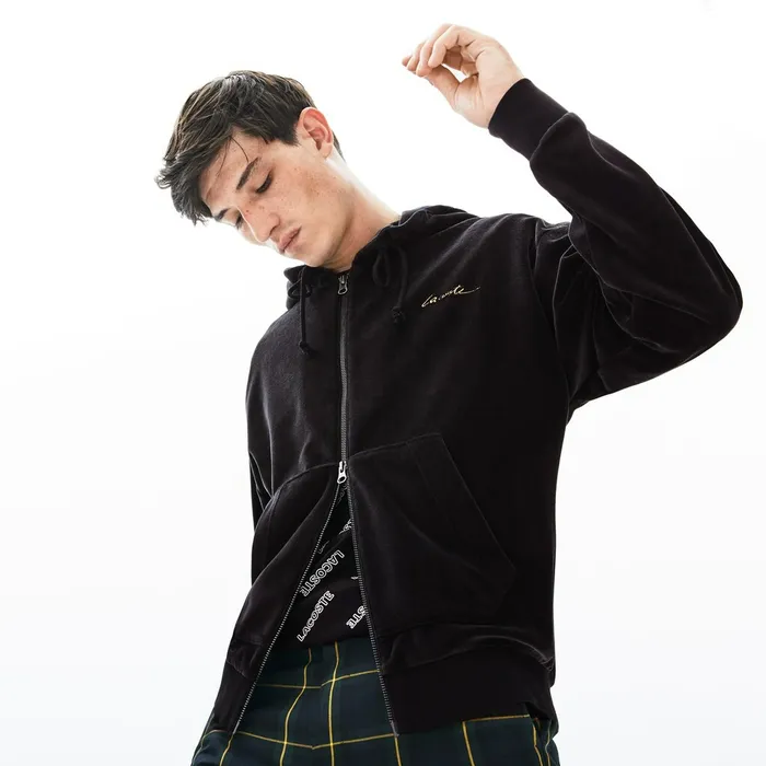 LIVE Signature Hooded Velvet Zip Sweatshirt Black Mens Lacoste Sweatshirts USA