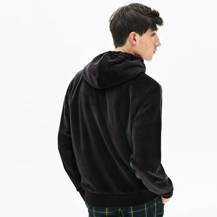 LIVE Signature Hooded Velvet Zip Sweatshirt Black Mens Lacoste Sweatshirts USA