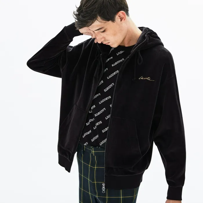 LIVE Signature Hooded Velvet Zip Sweatshirt Black Mens Lacoste Sweatshirts USA