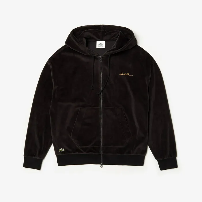 LIVE Signature Hooded Velvet Zip Sweatshirt Black Mens Lacoste Sweatshirts USA