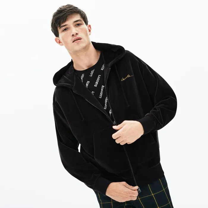 LIVE Signature Hooded Velvet Zip Sweatshirt Black Mens Lacoste Sweatshirts USA