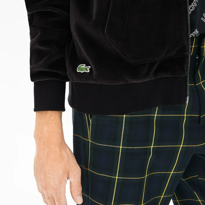 LIVE Signature Hooded Velvet Zip Sweatshirt Black Mens Lacoste Sweatshirts USA