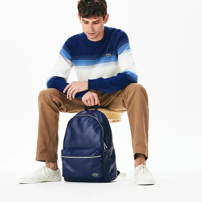 LIVE Signature Print Zippered Backpack Blue Depths Mens Lacoste Bags On Sale