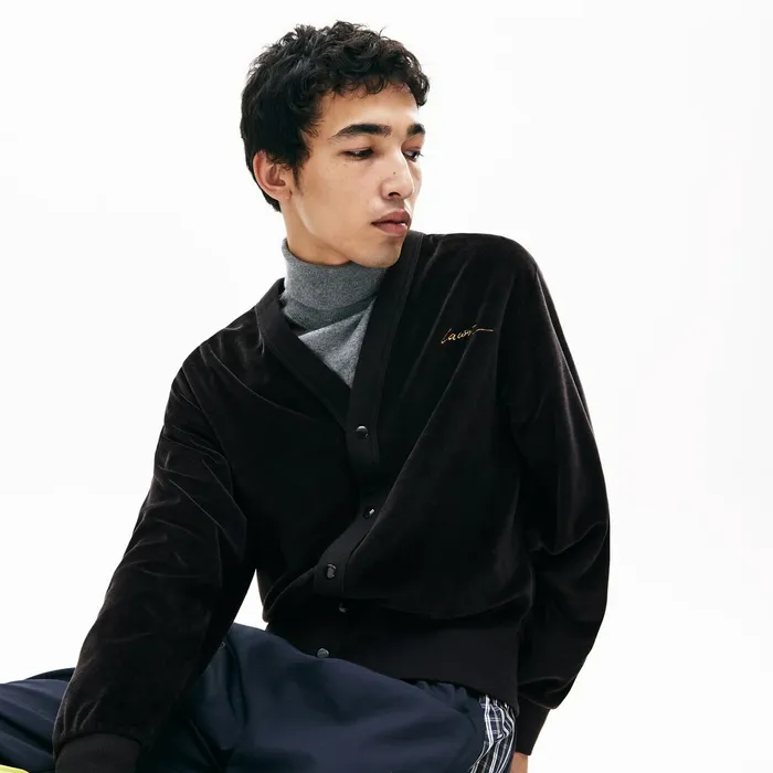 LIVE Signature Velour Cardigan Black Mens Lacoste Sweatshirts For Sale Online