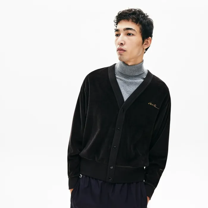 LIVE Signature Velour Cardigan Black Mens Lacoste Sweatshirts For Sale Online
