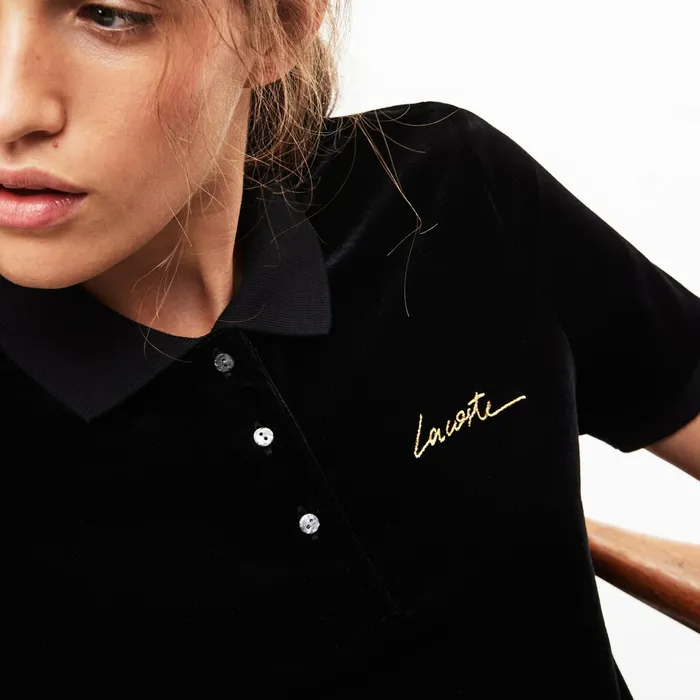 LIVE Slim Fit Golden Signature Velvet Polo Shirt Black Womens Lacoste Polos Outlet LIVE Slim Fit Golden Signature Velvet Polo Shirt Black Womens Lacoste Polos Outlet
