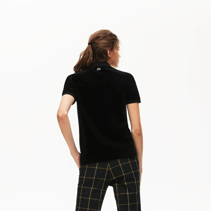 LIVE Slim Fit Golden Signature Velvet Polo Shirt Black Womens Lacoste Polos Outlet
