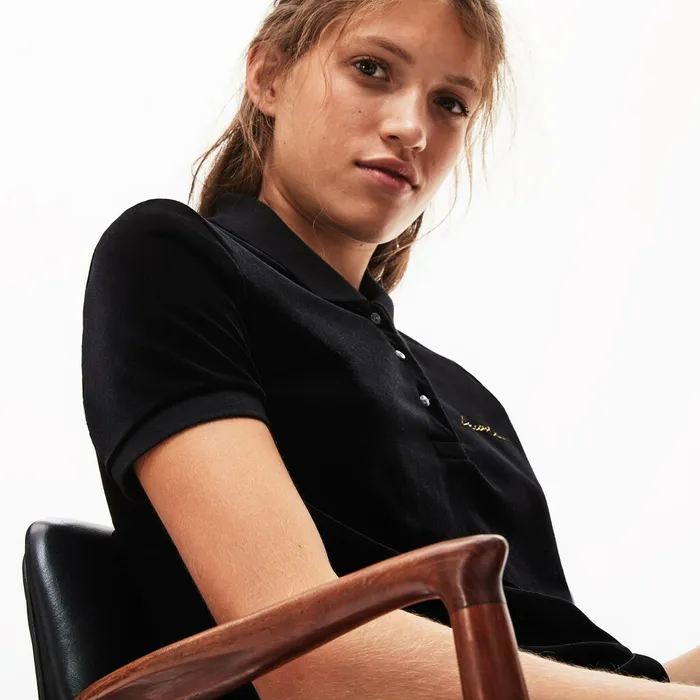 LIVE Slim Fit Golden Signature Velvet Polo Shirt Black Womens Lacoste Polos Outlet
