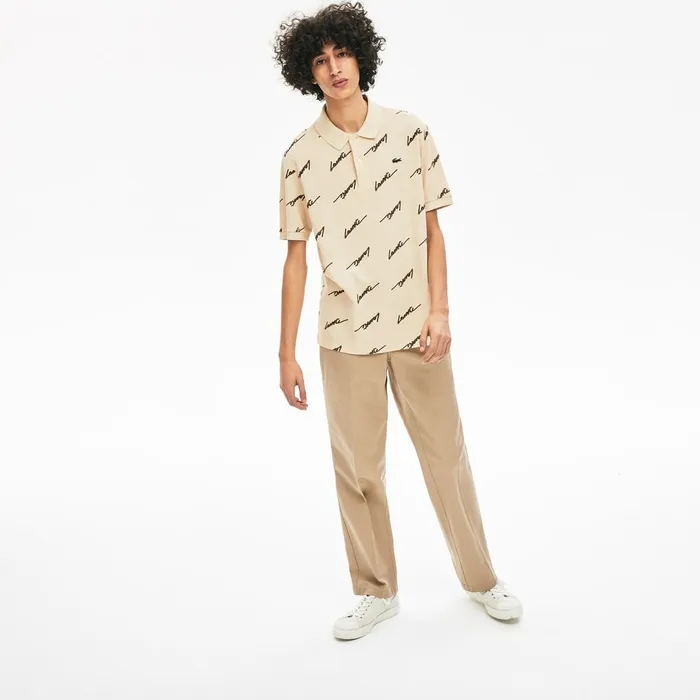 LIVE Standard Fit Print Cotton Piqu Polo Shirt Beige Mens Lacoste Polos Gift for Friend