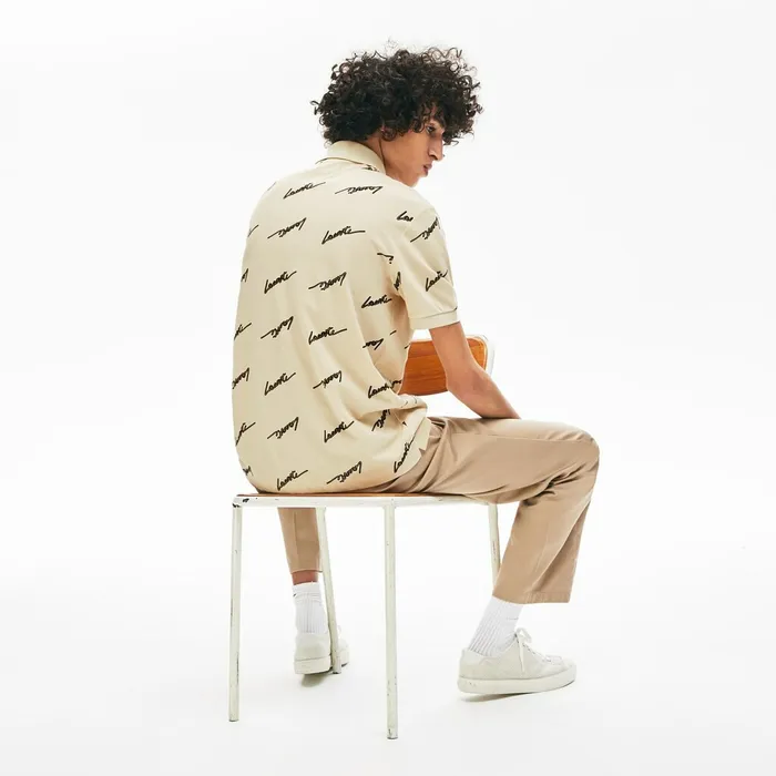 LIVE Standard Fit Print Cotton Piqu Polo Shirt Beige Mens Lacoste Polos Gift for Friend