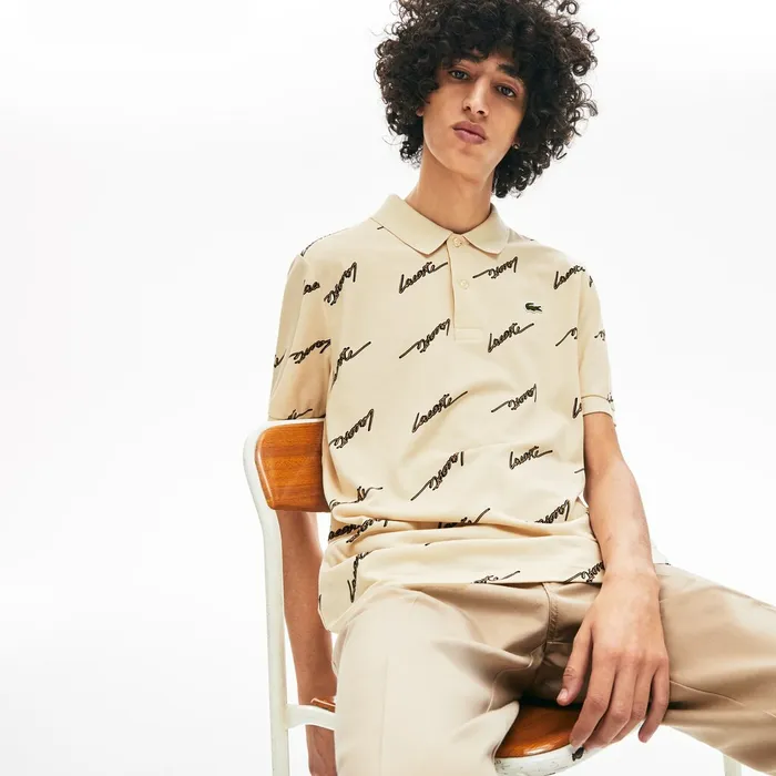 LIVE Standard Fit Print Cotton Piqu Polo Shirt Beige Mens Lacoste Polos Gift for Friend