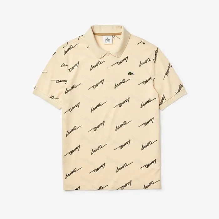 LIVE Standard Fit Print Cotton Piqu Polo Shirt Beige Mens Lacoste Polos Gift for Friend