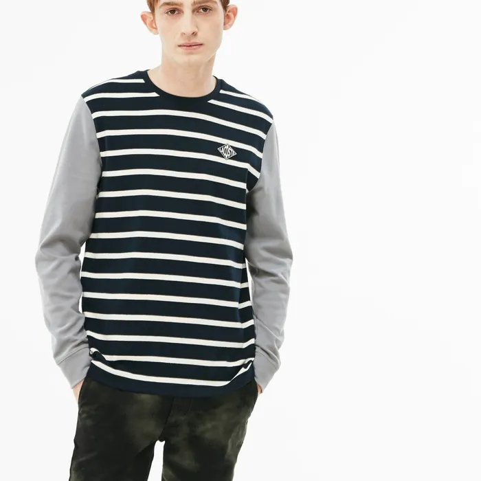 LIVE Striped Cotton Jersey Tshirt BlueWhiteDark Grey Mens Lacoste TShirts Cheap On Sale