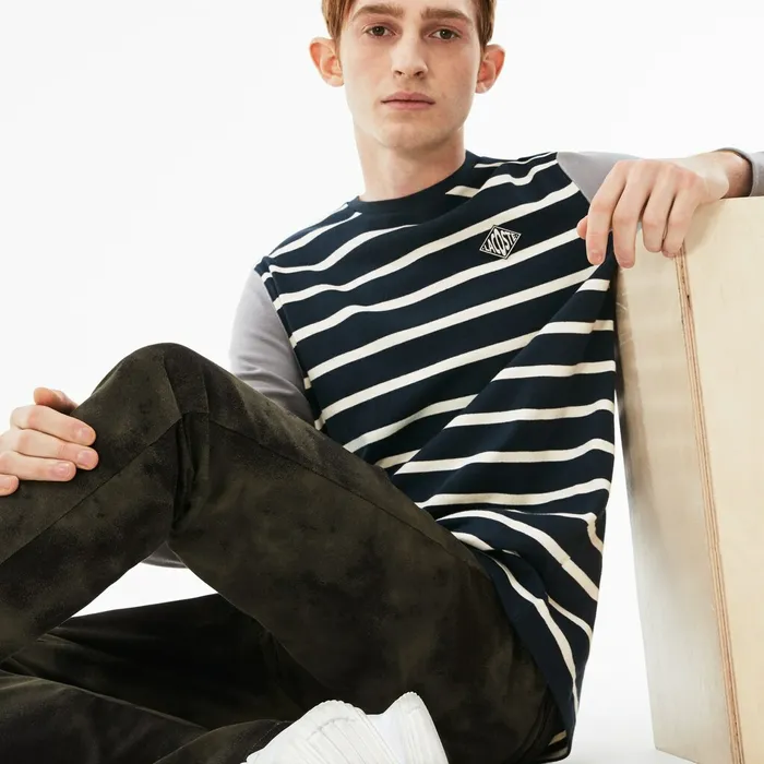 LIVE Striped Cotton Jersey Tshirt BlueWhiteDark Grey Mens Lacoste TShirts Cheap On Sale