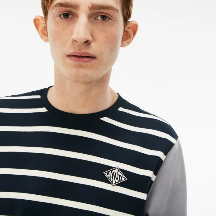 LIVE Striped Cotton Jersey Tshirt BlueWhiteDark Grey Mens Lacoste TShirts Cheap On Sale