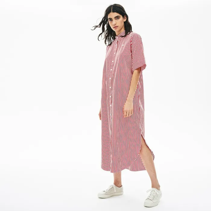 LIVE Striped Cotton Maxi Dress WhiteRed Womens Lacoste Dresses and Skirts Online Outlet Store