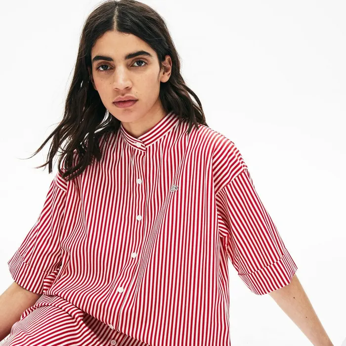 LIVE Striped Cotton Maxi Dress WhiteRed Womens Lacoste Dresses and Skirts Online Outlet Store
