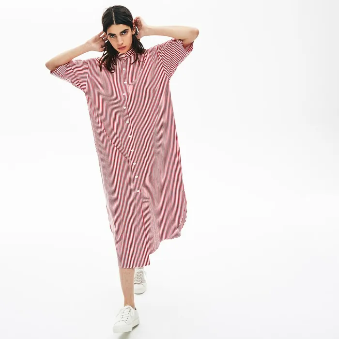 LIVE Striped Cotton Maxi Dress WhiteRed Womens Lacoste Dresses and Skirts Online Outlet Store