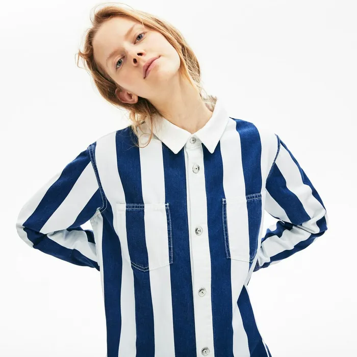 LIVE Striped Cotton Shirtdress WhiteNavy Blue Womens Lacoste Dresses and Skirts Gift Ideas