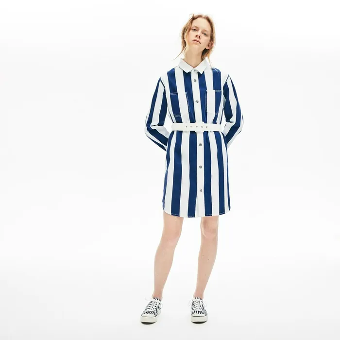 LIVE Striped Cotton Shirtdress WhiteNavy Blue Womens Lacoste Dresses and Skirts Gift Ideas