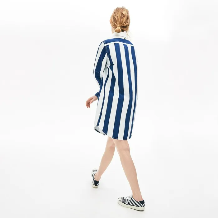 LIVE Striped Cotton Shirtdress WhiteNavy Blue Womens Lacoste Dresses and Skirts Gift Ideas