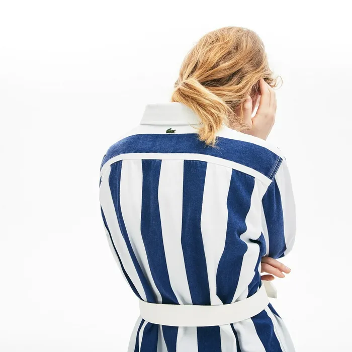 LIVE Striped Cotton Shirtdress WhiteNavy Blue Womens Lacoste Dresses and Skirts Gift Ideas