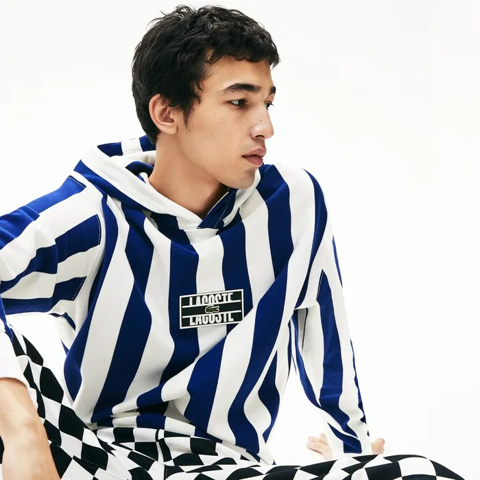 LIVE Striped Fleece Hooded Sweatshirt WhiteNavy Blue Mens Lacoste Sweatshirts For Sale Online