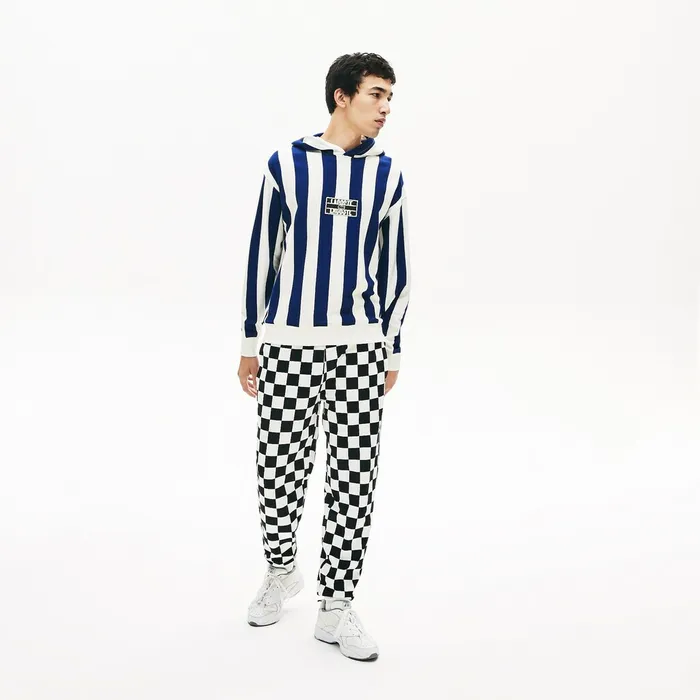 LIVE Striped Fleece Hooded Sweatshirt WhiteNavy Blue Mens Lacoste Sweatshirts For Sale Online