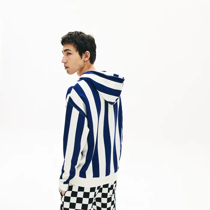 LIVE Striped Fleece Hooded Sweatshirt WhiteNavy Blue Mens Lacoste Sweatshirts For Sale Online