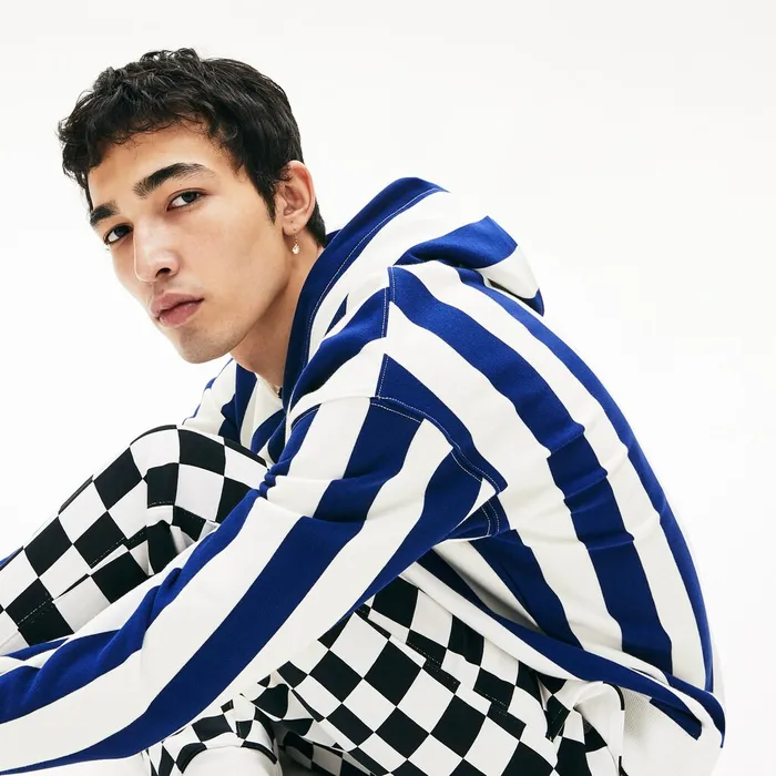 LIVE Striped Fleece Hooded Sweatshirt WhiteNavy Blue Mens Lacoste Sweatshirts For Sale Online