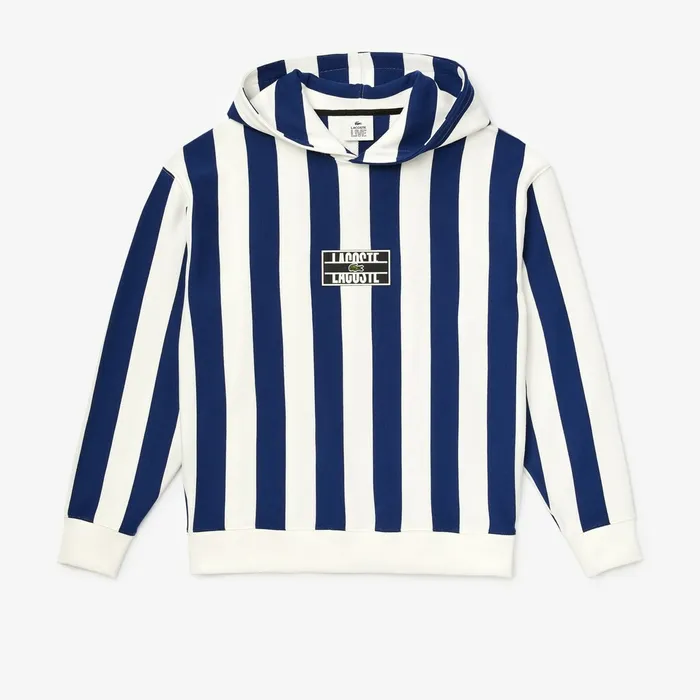 LIVE Striped Fleece Hooded Sweatshirt WhiteNavy Blue Mens Lacoste Sweatshirts For Sale Online